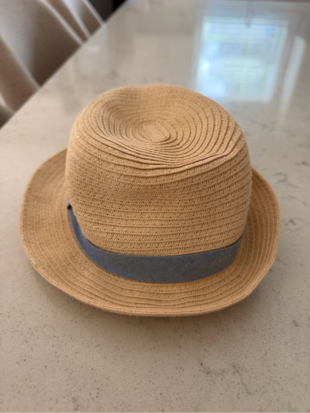 Infant Straw Fedora Hat in Tan with  blue Band